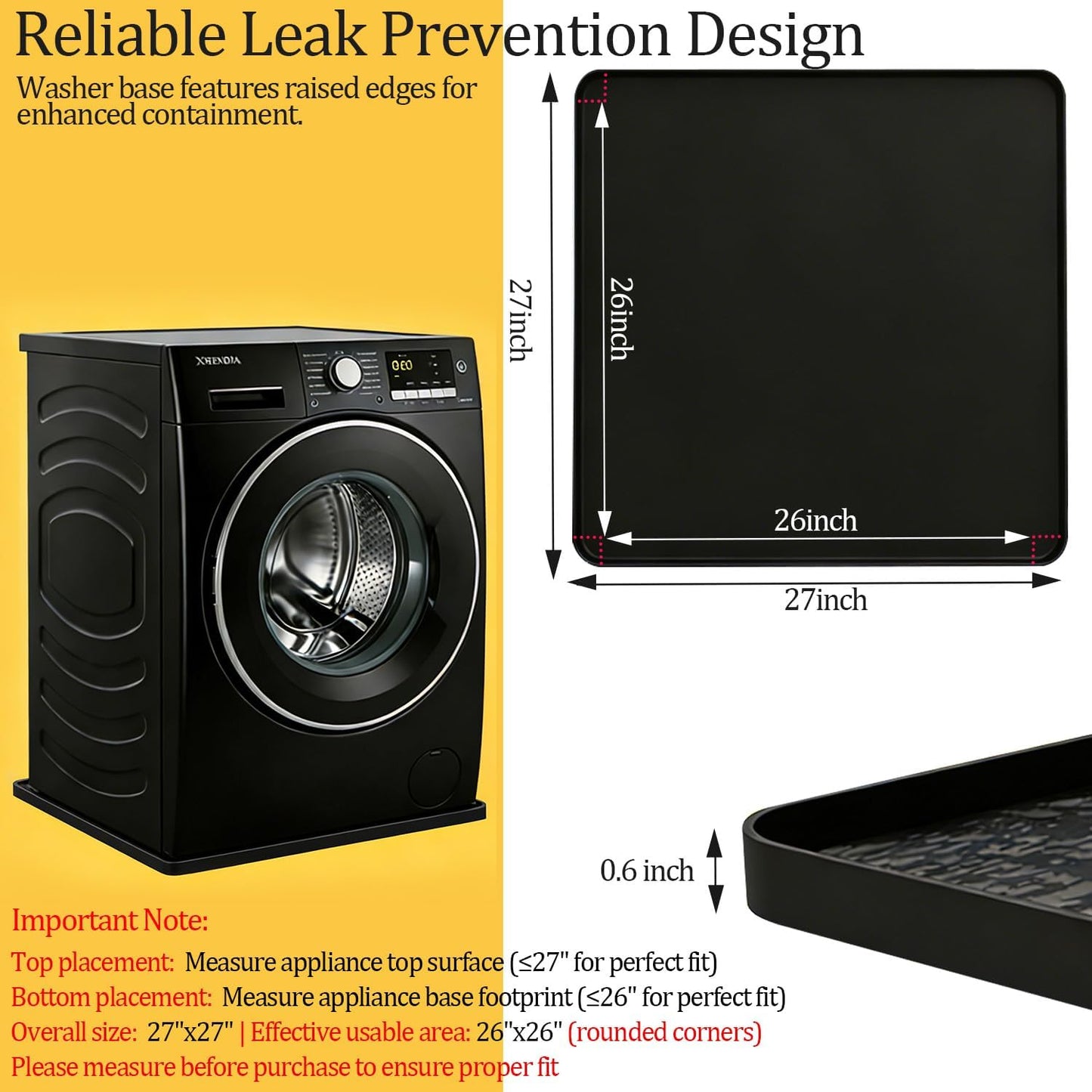 Washing Machine Drain Pan, 26x26 Inch Silicone Mat with Raised Edge, Waterproof Leak Protector Tray for Under Washer and Dryer, Anti-Slip and Foldable Laundry Room Mat