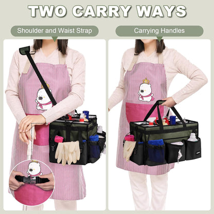 Extra Large Cleaning Caddy Bag with Built-In Support Board, Cleaning Tote Organizer with Removable Divider, Supply Carryall with Adjustable Shoulder Strap and Waist Belt for Cleaners & Housekeeper