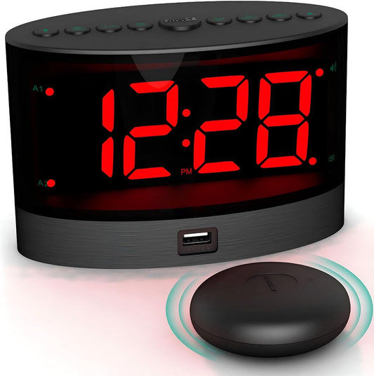 2026 NEW Extra Loud Alarm Clock with Wireless Bed Shaker,Vibrating Dual Alarm Clock for Heavy Sleepers,Deaf and Hearing-impaired,Adjustable Volume/Dimmer/Wake up Mode,USB Charger Port,Pillow Shaker