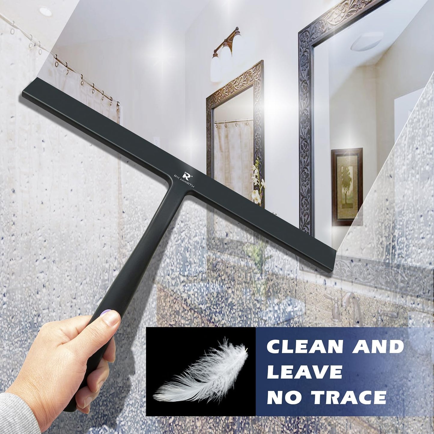 12 Inch Silicone Shower Squeegee for Glass Doors with Microfiber Cloth & Hook, Streak-Free Window Cleaner for Bathroom Mirror Tile Car, No-Scratch Squeegee with Rustproof Metal Core (Black)