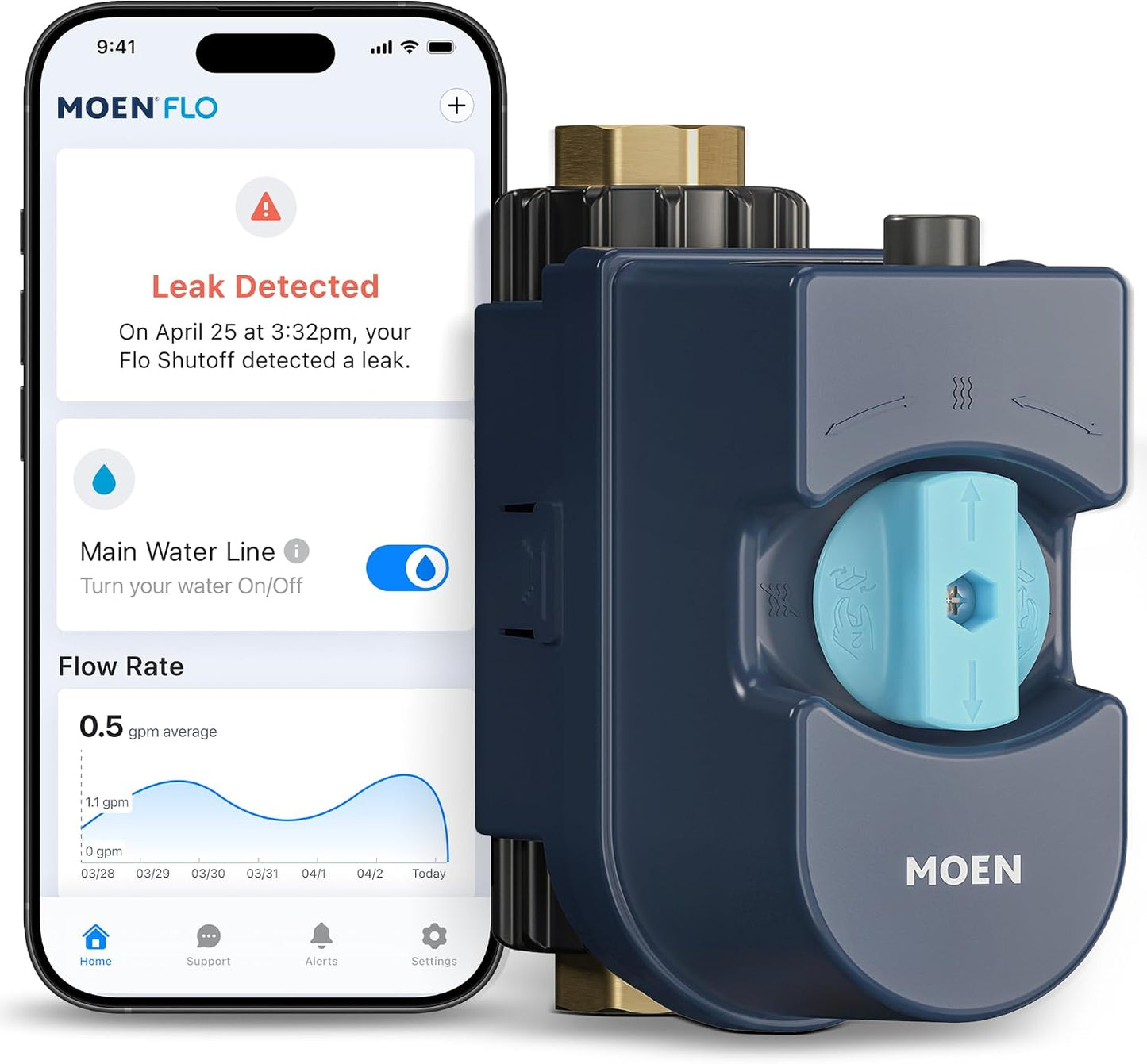 Moen Flo Shutoff, 3/4" Automatic Water Leak Detector & Shutoff, 900-001 | Automatic Shutoff, Leak Detection, MicroLeak Tests, Monitors Flow, Pressure, Moisture, and Temperature, WiFi App Control