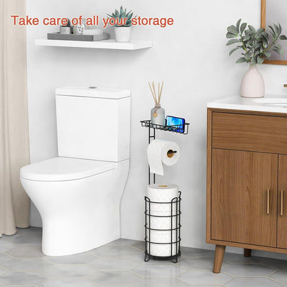 Goozii Gold Free Standing Toilet Paper Holder Stand with Phone Shelf, Floor Bathroom Tissue Holder for Large Mega Rolls, Metal Freestanding Toilet Paper Roll Holder with Wipes Storage Tray