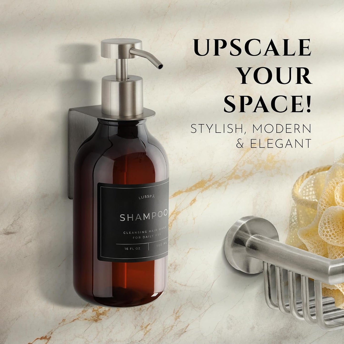 Shower Shampoo Dispenser Wall Mounted – 3 Refillable 16.9 oz Clear Bottles with Stainless Steel Pumps & No-Drill Adhesive Holders – Soap Dispenser Set for Bathroom (3 X Clear/Silver)