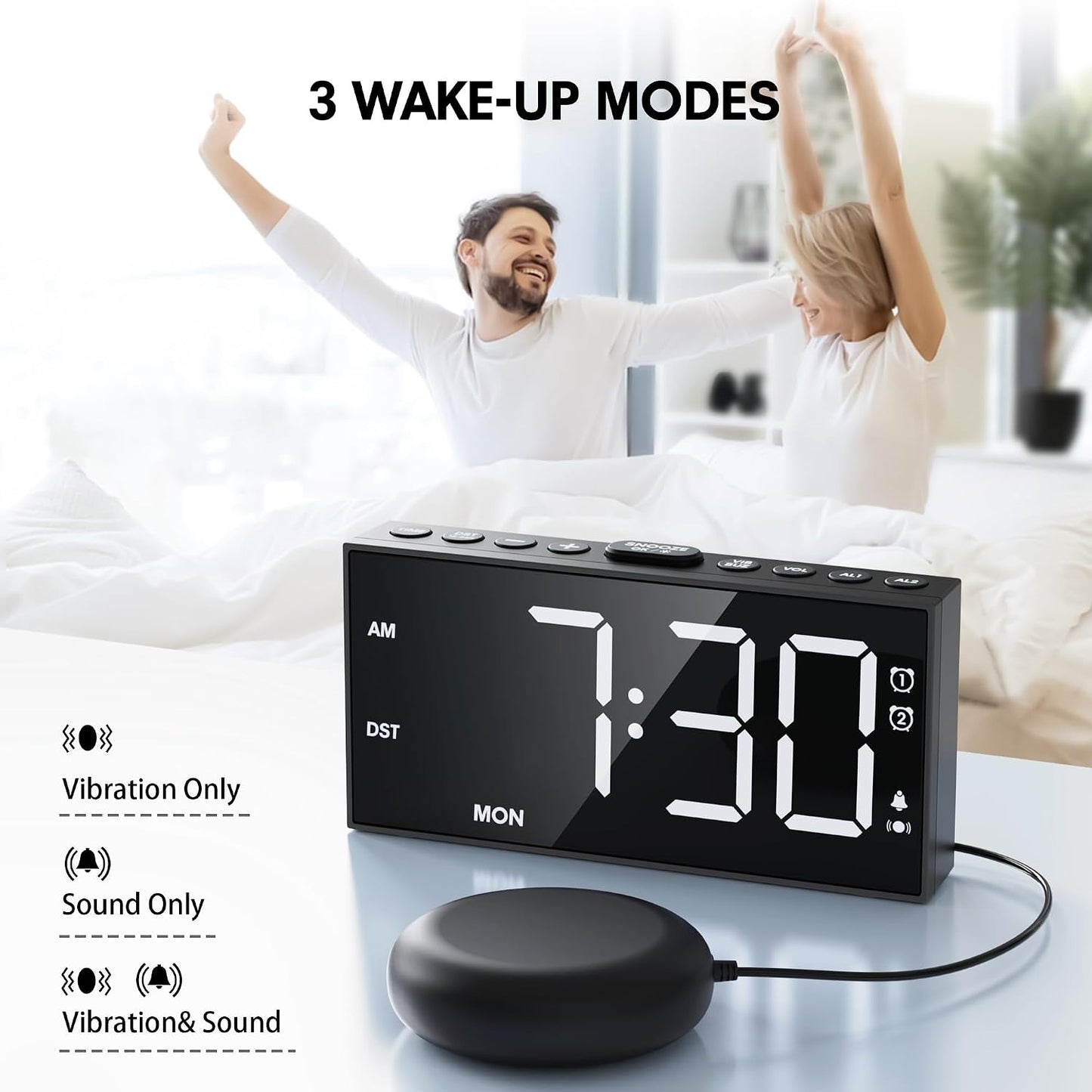 Mesqool Loud Alarm Clock with Bed Shaker & Dual Alarms, USB Port | Extra Loud Vibration Alarm Designed for Heavy Sleepers & Hearing Impaired. 5-level Dimmer, Battery Backup, Snooze & DST.