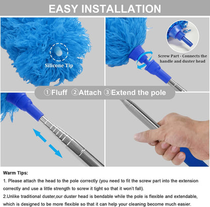 Cobweb Duster with Extension Pole 100 inches, Dusters for Cleaning with 2 Duster Heads, Washable Microfiber Feather Duster for Cleaning Ceiling Fan, High Ceiling, Blinds, Furniture & Cars