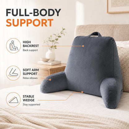OAISZ Reading Pillow for Sitting in Bed with Shredded Memory Foam, Grey | 19-Inch Back Pillow for Sitting Up in Bed, Extended Arms, Side Pockets, Supportive Adjustable Pillow Removable Washable Cover
