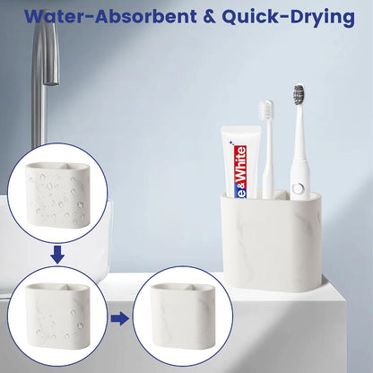 Quick Drying Toothbrush Holder for Bathrooms, Diatomite Countertop Organizer for Electric Tooth Brush, Toothpaste, Razor, Makeup Brush, White, 2 Slots