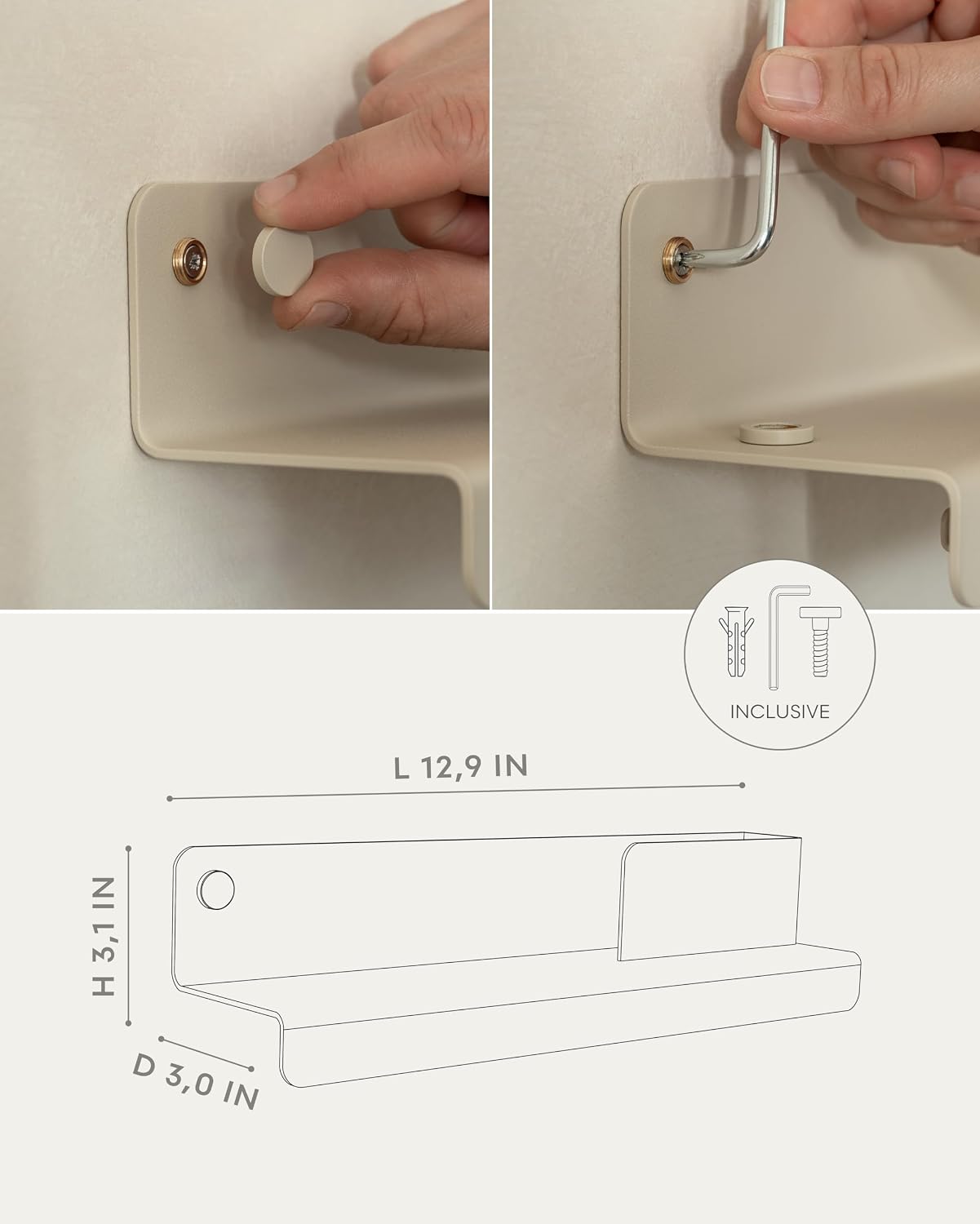 Kazai. Key Holder for Wall 'Holmsen' | Minimalist Key Hooks Design from Berlin | Modern Key Hanger with Metal Shelf | Key Hook Wall Mounted as Hallway Furniture | Sand Taupe