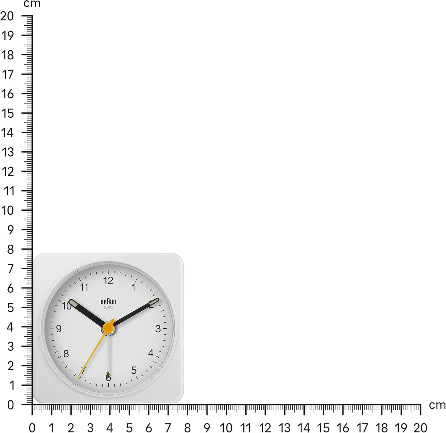 Braun Classic Analogue Alarm Clock with Snooze and Light, Quiet Quartz Sweeping Movement, Crescendo Beep Alarm in White, Model BC03W.