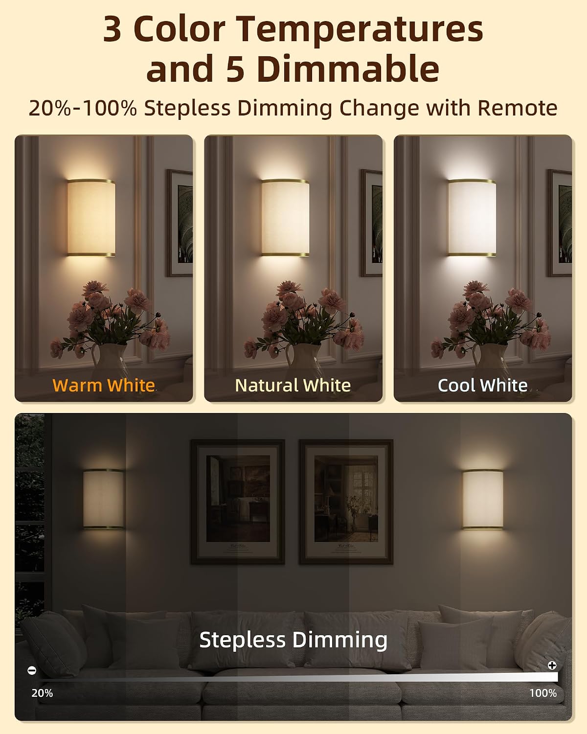 EZVALO Battery Operated Wall Sconce, Rechargeable Wall Sconces Set of Two with Remote, Peel and Stick Wireless Wall Lights, 3 Color & 80 RGB, Dimmable, Timer, Fabric Linen Wall Mount Lamp for Bedroom