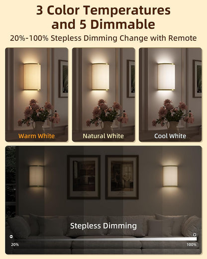 EZVALO Battery Operated Wall Sconce, Rechargeable Wall Sconces Set of Two with Remote, Peel and Stick Wireless Wall Lights, 3 Color & 80 RGB, Dimmable, Timer, Fabric Linen Wall Mount Lamp for Bedroom