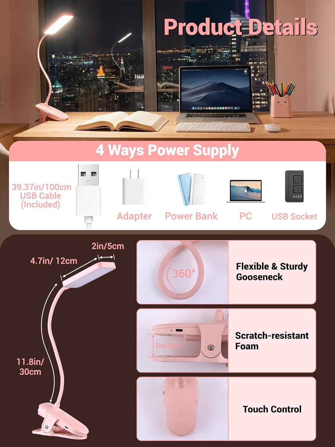 Clip on Light,45 Lighting Modes Rechargeable Desk Lamp with Clamp | 4000mAh Battery Operated Lamp,450 lm 48 LED Desk Light,Wireless & Cordless Reading Light for Bed/Bedside Table/Headboard/Dorm