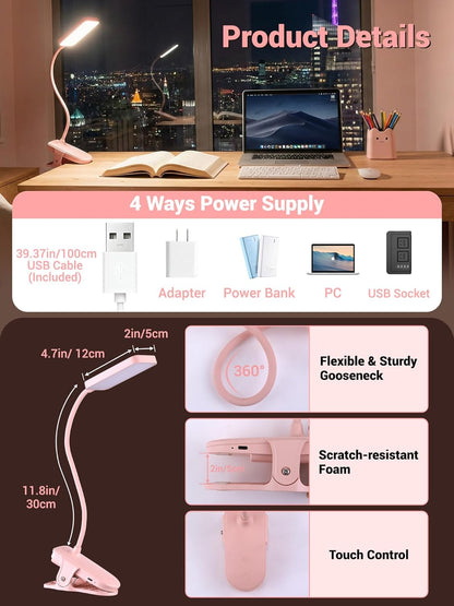Clip on Light,45 Lighting Modes Rechargeable Desk Lamp with Clamp | 4000mAh Battery Operated Lamp,450 lm 48 LED Desk Light,Wireless & Cordless Reading Light for Bed/Bedside Table/Headboard/Dorm