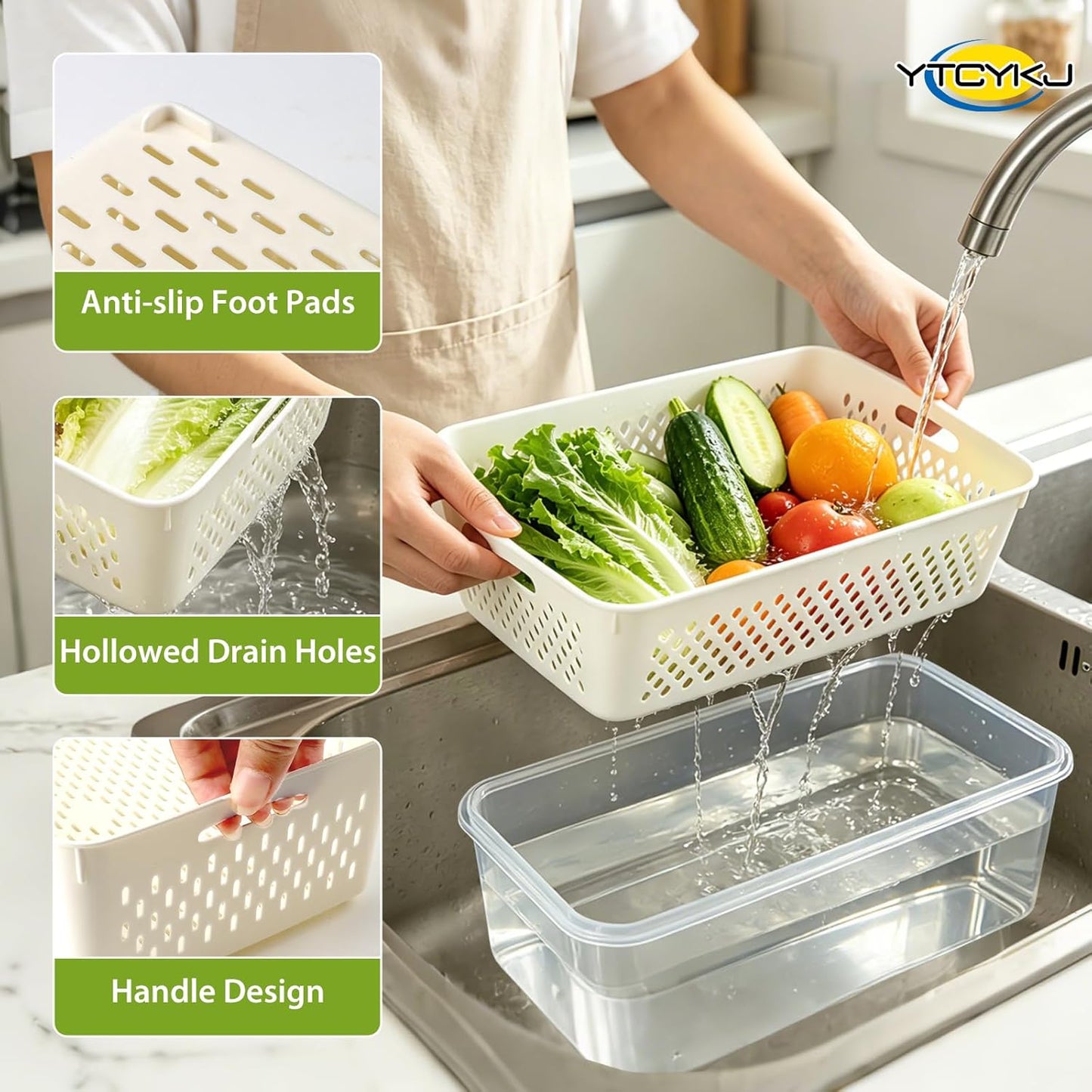 5-Pack Fruit Storage Containers for Fridge with Removable Colanders & Lids | Clear Plastic Produce Storage Containers for Fruits, Veggies, Salad, Berries | Leak-Proof, Microwave Safe