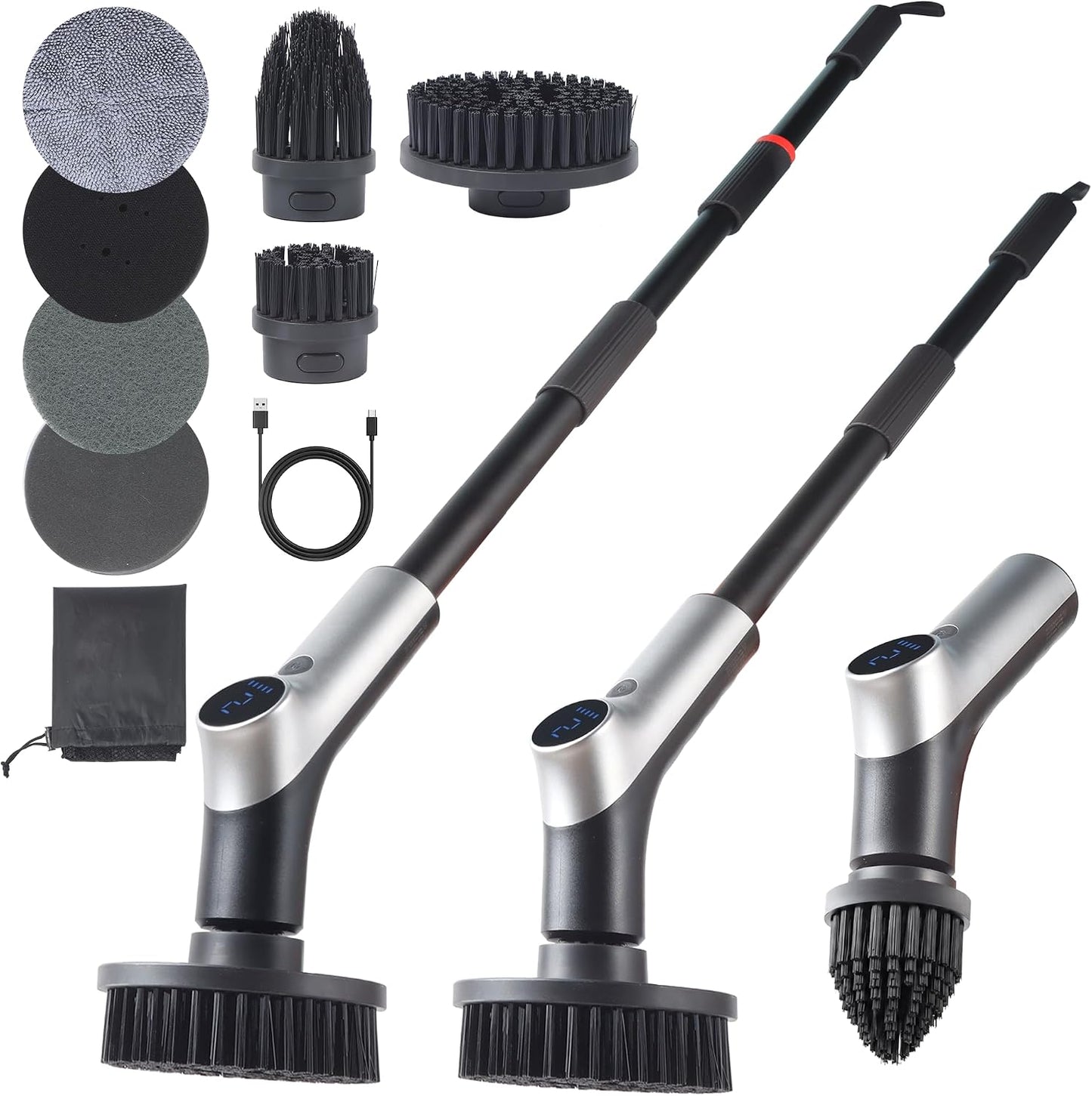 Electric Spin Scrubber, IPX7 Waterproof Shower Scrubber with 7 Brush Heads | 2.5N·m Torque Power Scrubber for Bathroom Grout Tile Bathtub Cleaning, Cordless with LED Display & Extendable Handle