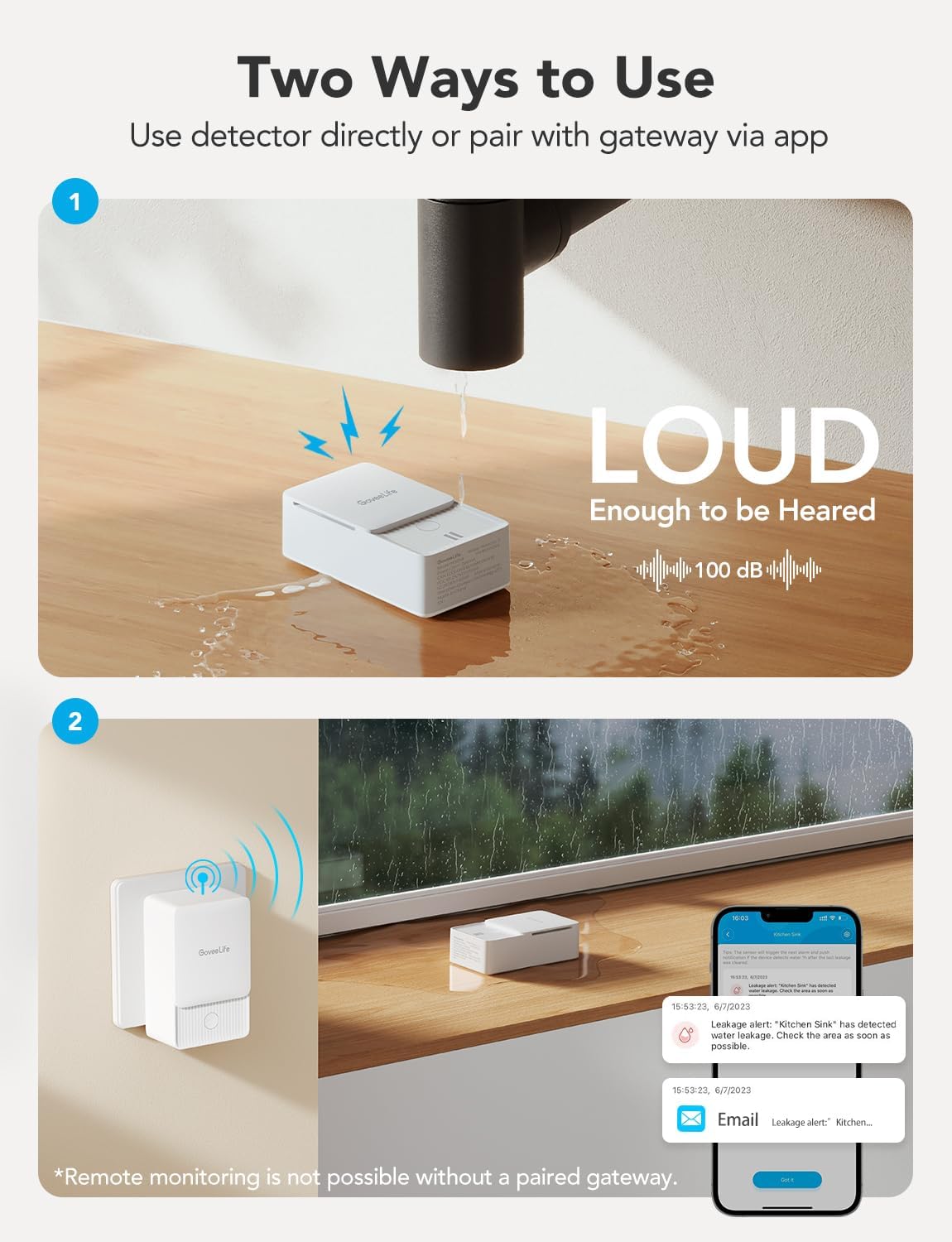 GoveeLife Water Leak Detectors with Leak and Drip Alerts, 3 Pack | 100dB Adjustable Audio Alarm, 5-Year Battery Life, IP66, Detector for Home, Bedrooms, Basement, Warehouse, Cabin/RV
