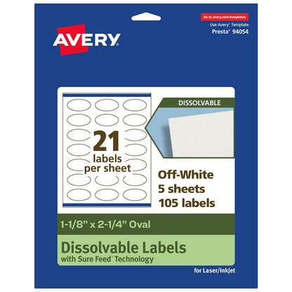 Avery Dissolvable Oval Labels, Sure Feed Technology, 1-1/8" x 2-1/4", Matte White, Print-to-The-Edge, Laser/Inkjet Printable, 105 Labels Total