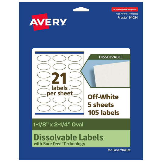 Avery Dissolvable Oval Labels, Sure Feed Technology, 1-1/8" x 2-1/4", Matte White, Print-to-The-Edge, Laser/Inkjet Printable, 105 Labels Total
