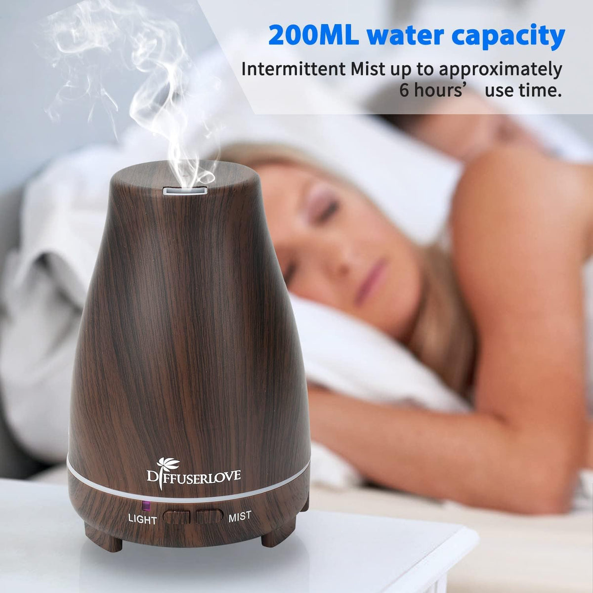 Diffuserlove Essential Oil Diffusers 200ML Remote Control Ultrasonic Mist Humidifiers BPA-Free Aromatherapy Diffuser with 7 Color Lights, Auto Shut-Off for Bedroom Office Kitchen