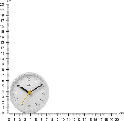 Braun Classic Analogue Alarm Clock with Snooze and Light, Quiet Quartz Movement, Crescendo Beep Alarm in White, Model BC12W.