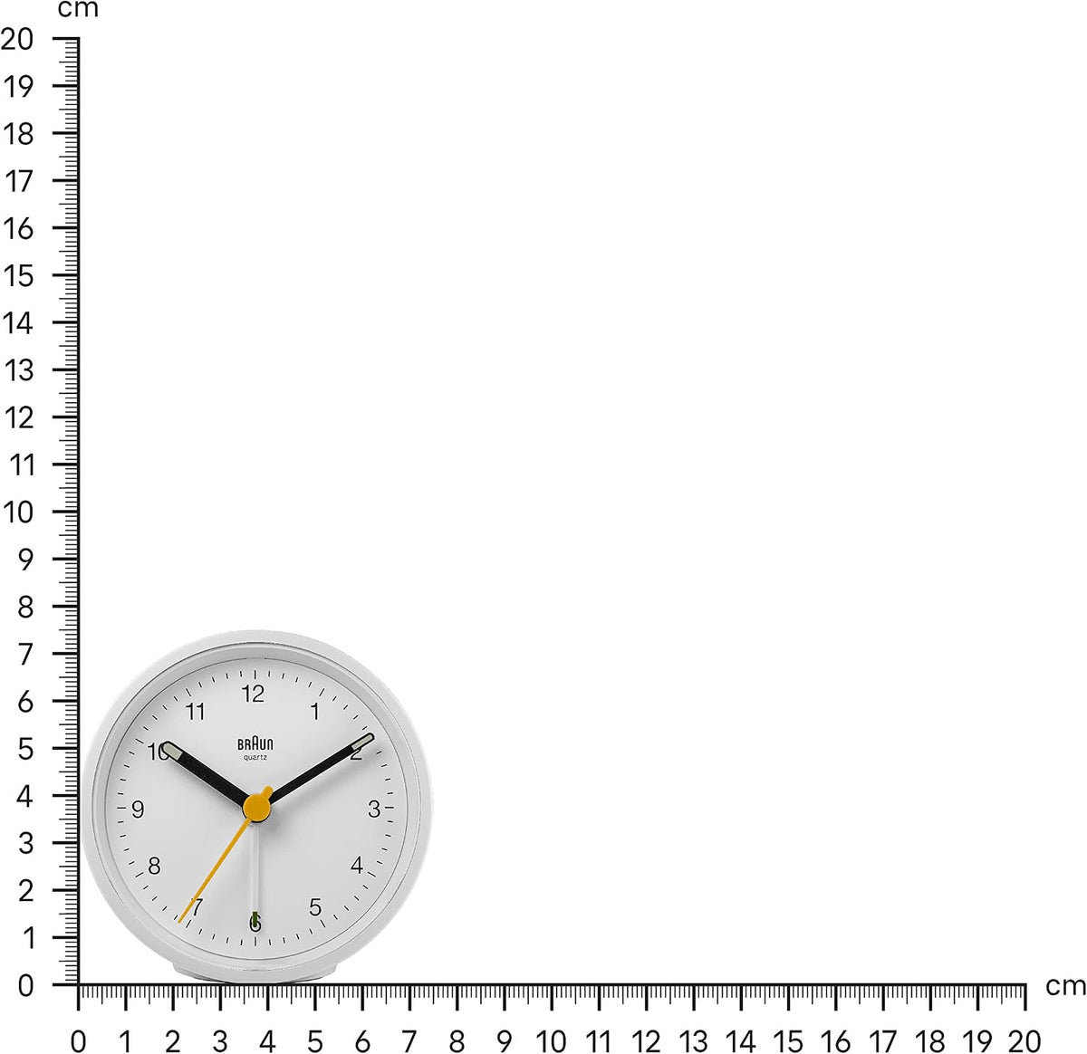 Braun Classic Analogue Alarm Clock with Snooze and Light, Quiet Quartz Movement, Crescendo Beep Alarm in White, Model BC12W.