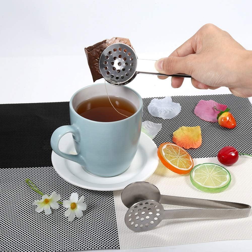 Pssopp Tea Bag Tongs Stainless Steel Teabag Squeezer Tool 2pcs 6.1in Round Grip Holder with Solid and Strainer Plates for Removing Tea Bags Lemon Slices in Kitchen Bar