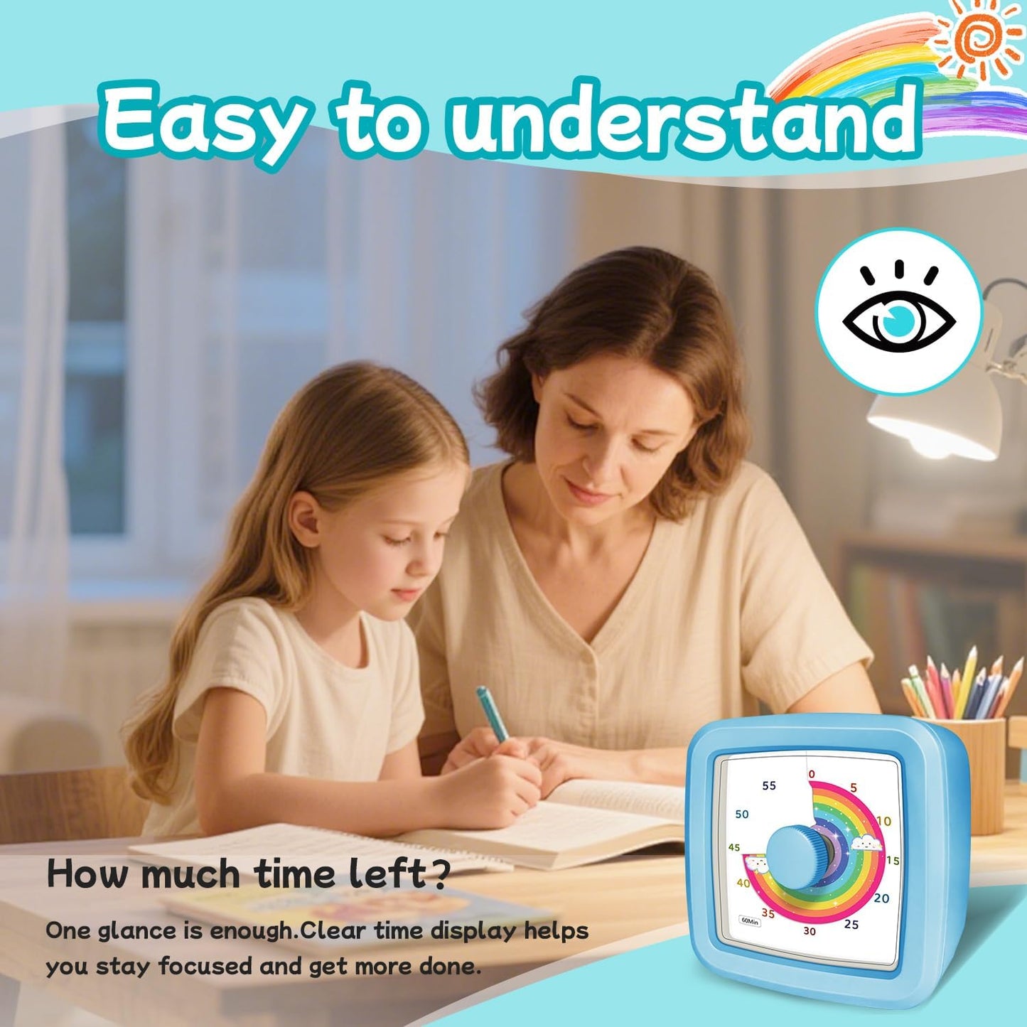 Visual Timer for Kids 60 Minute Countdown Clock – Silent Cube Timer with Rainbow Cloud Design, Plastic Kids Visual Timer, Toddler Timers for Classroom Home Kitchen Study Tools, Green