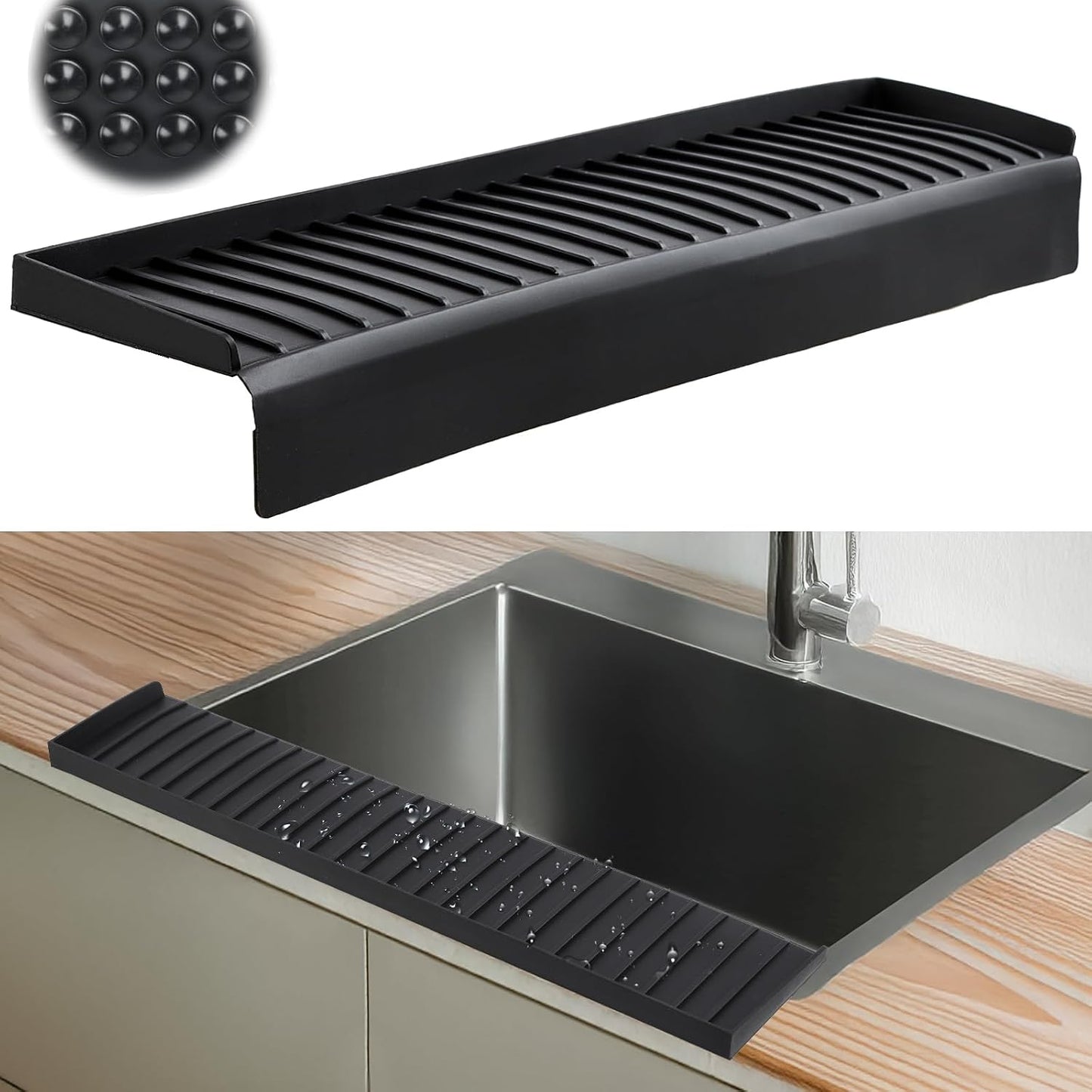 Sink Edge Protector with Suction Cup 14" 20" 24" 30", Silicone Sink Splash Guard for Kitchen & Bathroom, Protect Countertop from Scratches, Stains, for Stainless Steel Granite Quartz-Grey