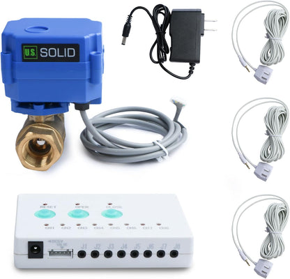 U.S. Solid Water Leak Detector with Auto Shutoff Valve, Sound Alarm, 3/4" Motorized Brass Ball Valve & 3 Sensors, Home Flood Prevention & Water Damage Defense for Basement, Laundry, Water Heater