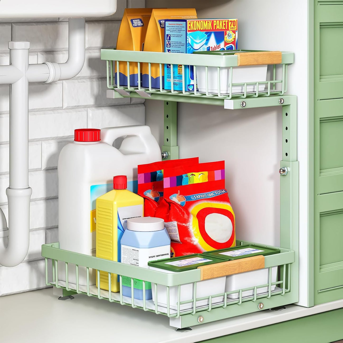 Kitstorack Under Sink Organizer, 2 Tier Under the Sink Storage, Slide out Pull out Cabinet Organizer Shelf, Metal Sliding Drawer for Kitchen Bathroom Pantry Closet Organization Rack, Black, 2 Pack