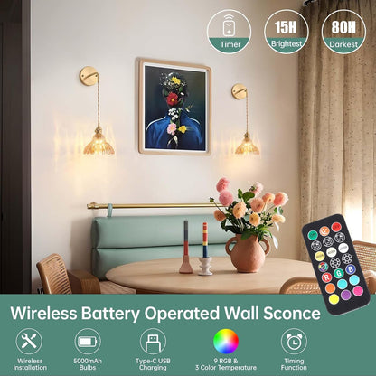 Shenmoyl Battery Operated Wall Sconce Wall Lamp with Green Lily of the Valley Shade Pattern Glass Adjustable Chain Retro Gold Wall Mounted Light, Modern Wall Lamp Fixtures Decor for Bedside Bedroom