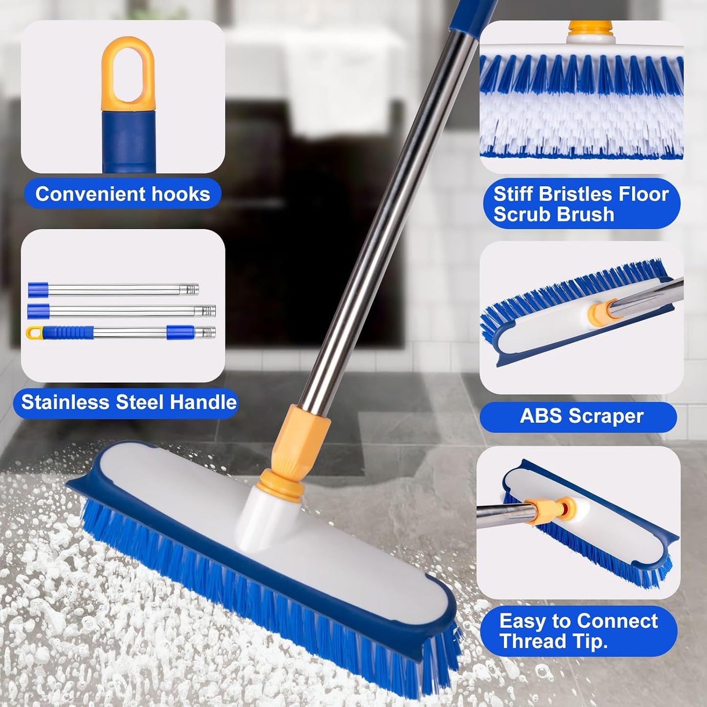 Floor Scrub Brush with Long Handle - 53" Deck & Grout Cleaner Brush Set for Tile, Marble, Stone, Bathroom, Patio, Garage, Deck & Floor Cleaning