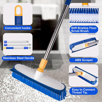Floor Scrub Brush with Long Handle - 53" Deck & Grout Cleaner Brush Set for Tile, Marble, Stone, Bathroom, Patio, Garage, Deck & Floor Cleaning