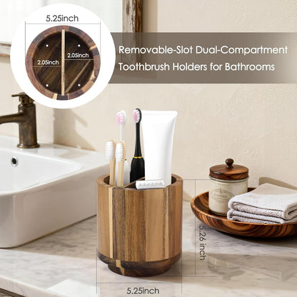 Toothbrush Holder for Bathrooms,Toothbrush Holders,Acacia Wood | Four Drainage Holes,Removable Divider,360° Rotating,Space-Saving,Toothbrush and Toothpaste Holder for Bathroom Countertop