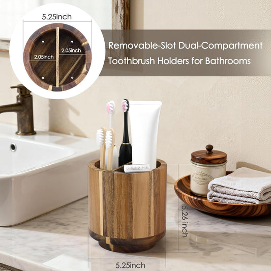 Toothbrush Holder for Bathrooms,Toothbrush Holders,Acacia Wood | Four Drainage Holes,Removable Divider,360° Rotating,Space-Saving,Toothbrush and Toothpaste Holder for Bathroom Countertop