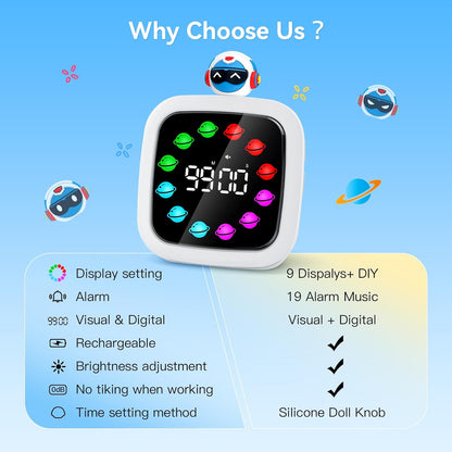 Yunbaoit Digital Visual Timer for Kids, 99-Minute Countdown, Rechargeable | 19 Music Alarm, Pause Function, 9 Optional DIY Color Planet Display, Robot Doll, for Study, Homeschool, Kitchen