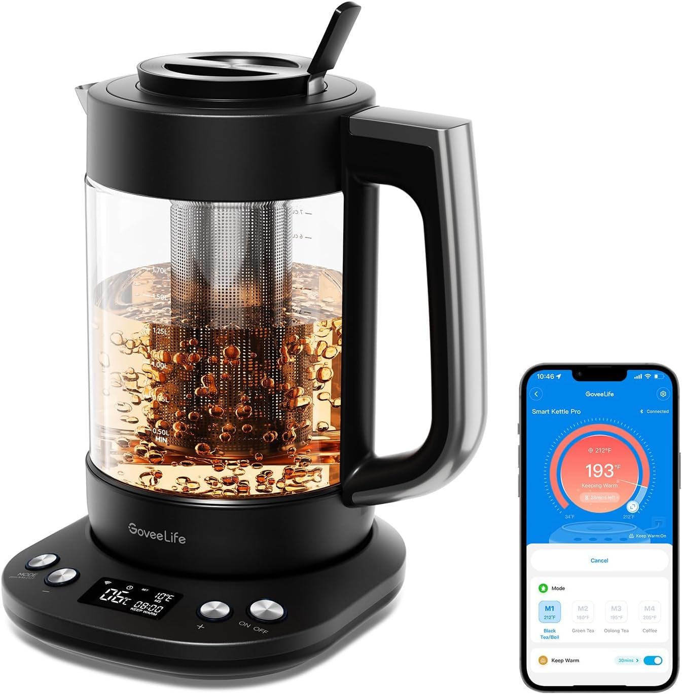 GoveeLife Smart Electric Kettle with Tea Infuser for Loose Leaf, 1.7 L Electric Tea Kettle with Brewing Program, Variable Temperature Control, 2 H Keep Warm & Auto Shut-Off, BPA Free. Black | Electric Tea Kettle with Brewing Program, Variable Temperature