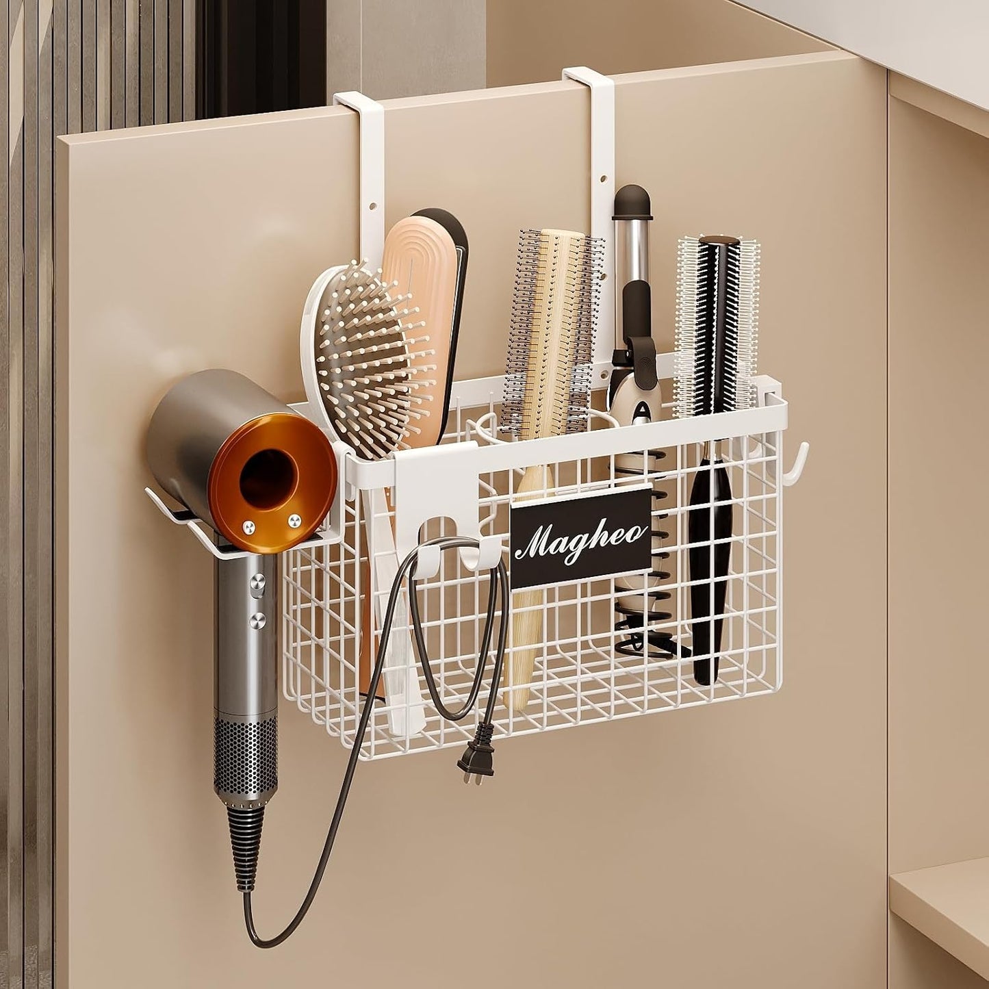 Magheo Hair Dryer Holder Cabinet Door 3-in-1 Adhesive Hair Tool Organizer Wall Mounted Adjustable Height Blow Dryer Holder Under Sink Bathroom Hair Appliance Organizer and Storage Countertop(Black)