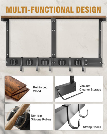 Large Broom Holder Wall Mount with Shelf, Vacuum Organizer, 5 Slots 5 Hooks | Black, 3-In-1 Wall Mount Stores Brooms/Mops/Vacuum, Cleaning Supplies With 5 Grippers/5 Hooks And A Sturdy Wooden Top Shelf