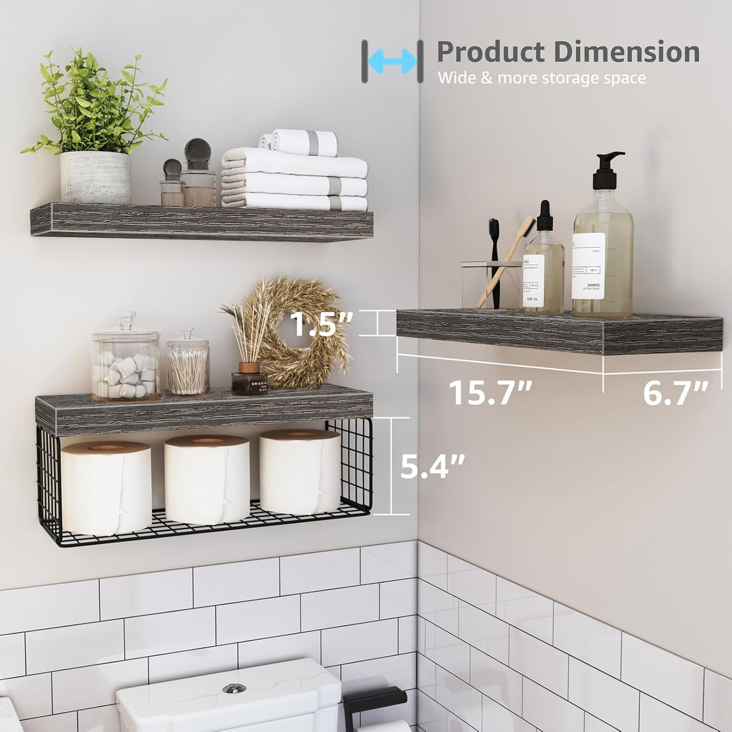 QEEIG Bathroom Shelves Over Toilet - Wall Mounted Floating Shelves Toilet Paper Storage Small Farmhouse Decor Shelf 16 inch Set of 3, Rustic Brown (019-BN3)