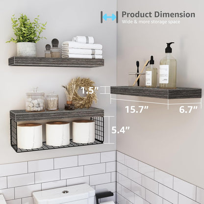 QEEIG Bathroom Shelves Over Toilet - Wall Mounted Floating Shelves Toilet Paper Storage Small Farmhouse Decor Shelf 16 inch Set of 3, Rustic Brown (019-BN3)