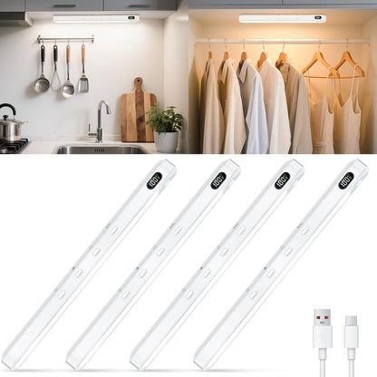 WILLED Under Cabinet & Closet Lights, Motion Sensor, Rechargeable, Magnetic, 3 Color Temps, Dimmable LED Light Bar for Indoor Kitchen Counter (4 Pack, White)