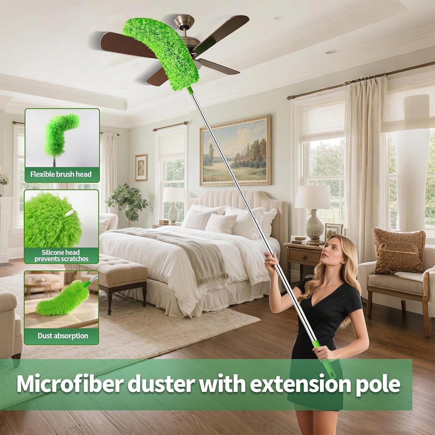 Cobweb Duster with Extension Pole,Cleaner Outdoor 110" Telescoping Extended Sspider Brush, Dusting Kit,Long Handle Reach for High Ceilings and Fans,Microfiber Webster Remover Tools Feather Dusters
