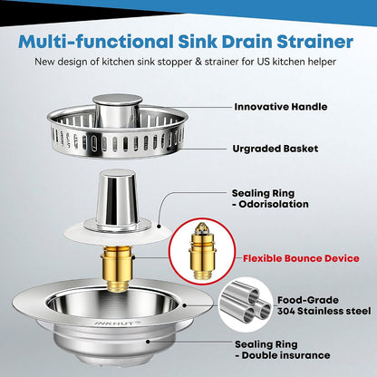 Upgraded 3 in 1 Kitchen Sink Drain Strainer | Stainless Steel Sink Stopper, Anti-Clogging Food Catcher Basket, Bounce Core Drain Strainer Plug for 3 1/2 inch Drain