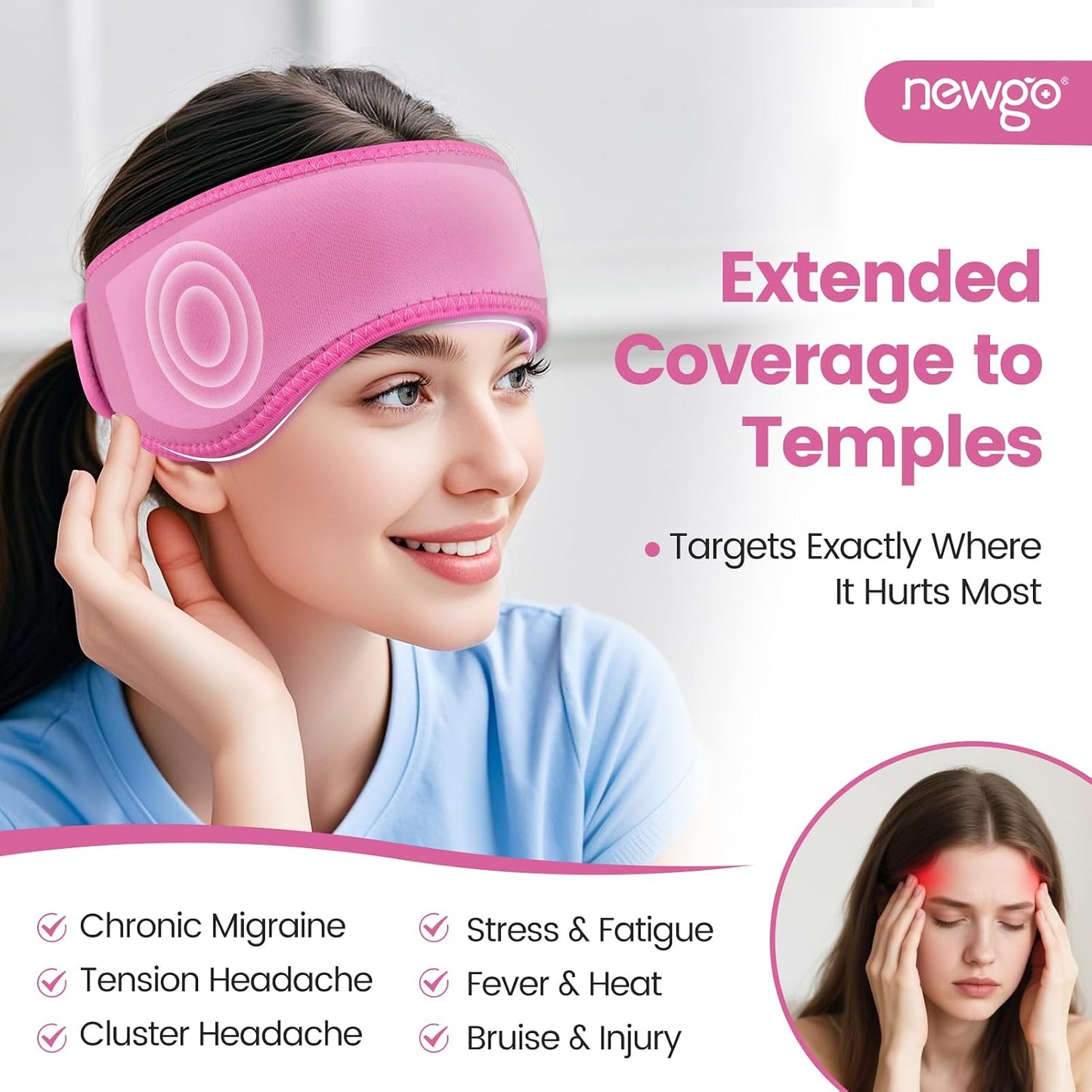 NEWGO Headache Ice Pack Head Wrap for Migraines, FSA Eligible | Reusable Head Ice Wrap, Removable Machine Washable, Soothes Tension Headaches, Sinus Pain, Chemo Discomfort, and Hot Flash