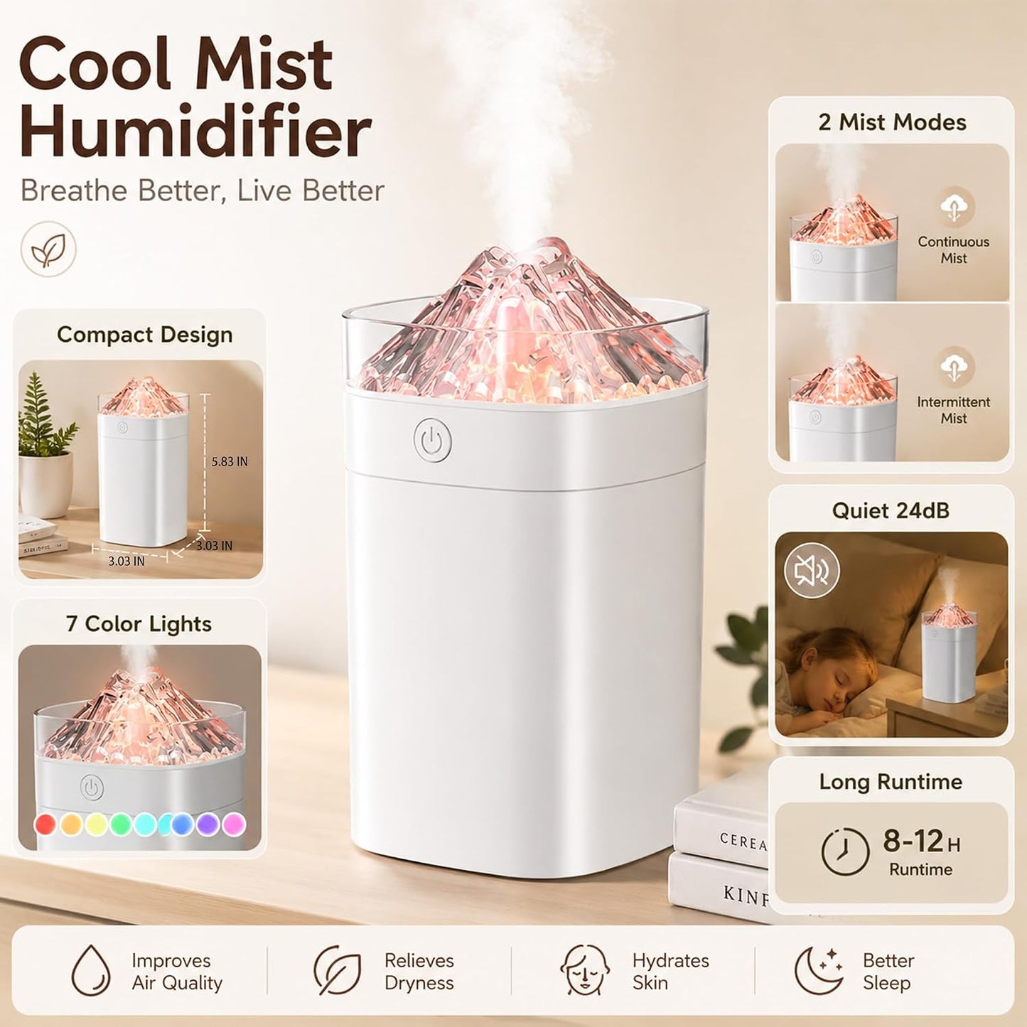 300ml Cool Mist 7 Colorful Lights Humidifier, 10-20 Hour Runtime for Plants | USB 24dB small Brown humidifier, 7 color lights & 2 mist modes, auto shut-off for bedroom, baby nursery, home office