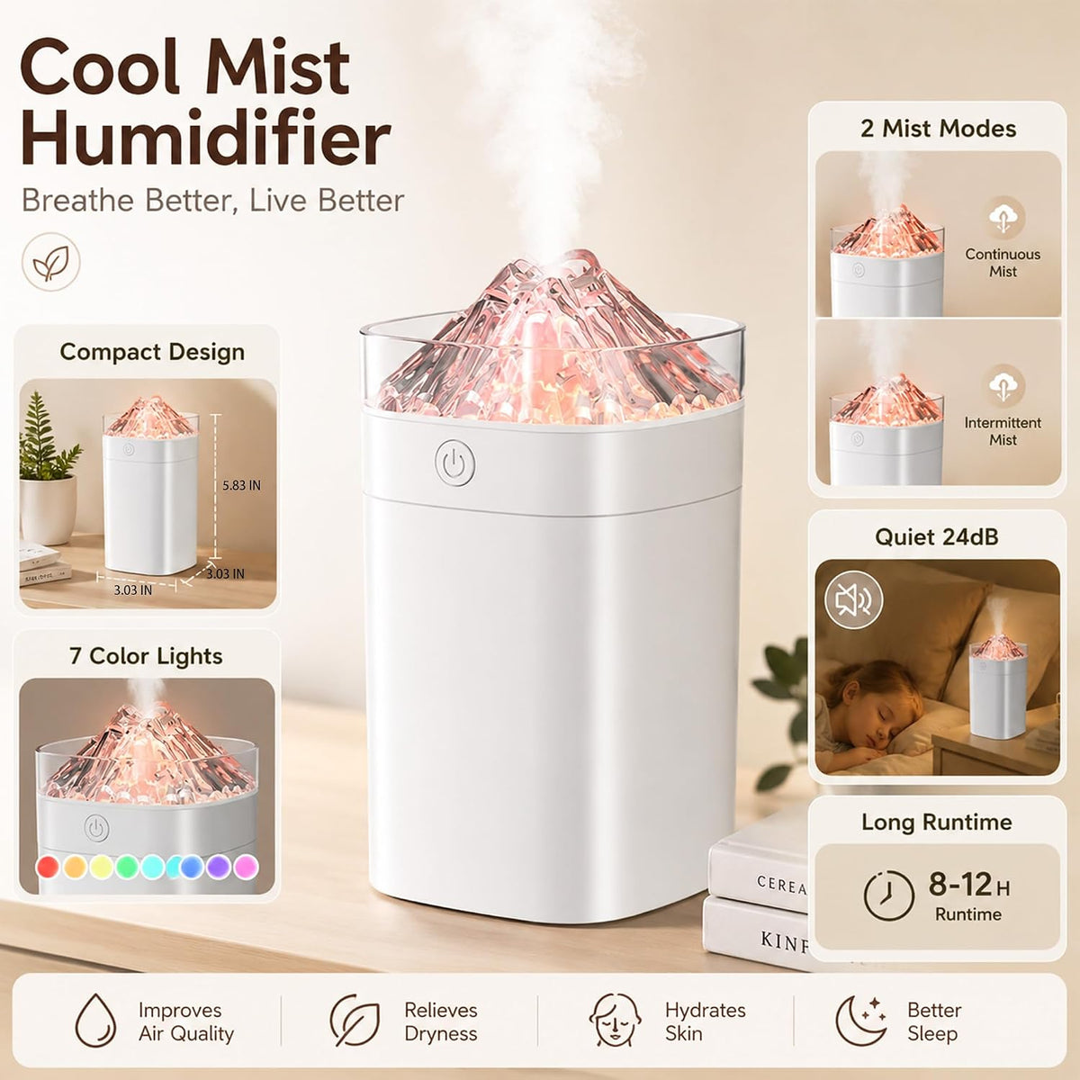 300ml Cool Mist 7 Colorful Lights Humidifier, 10-20 Hour Runtime for Plants