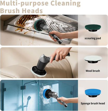 Electric Spin Scrubber, Cordless Household Cleaning Brush with 6 Replaceable Heads, 3 Speeds, LED Display, Lightweight Handheld Power Scrubber for Cleaning Stove/Bowl/Sink/Corner/Tile/Grout-Black