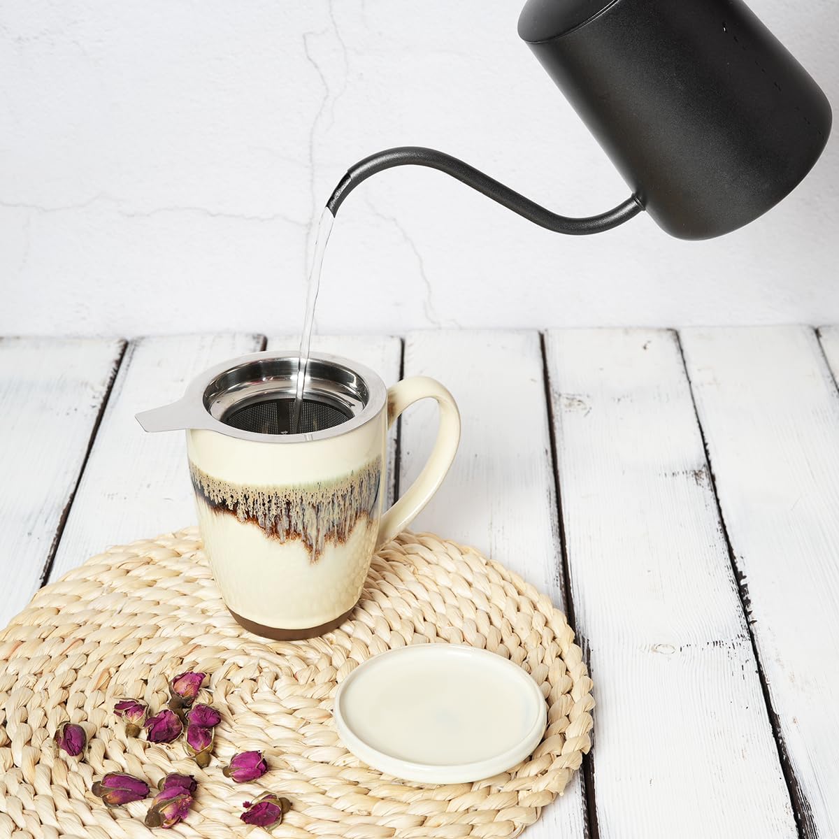 Bosmarlin Ceramic Tea Cup with Infuser and Lid, 13.5 Oz, Loose Leaf Tea Steeper Mug with Strainer, Microwave and Dishwasher Safe, Reactive Glaze (13.5 Oz, Pale Green)