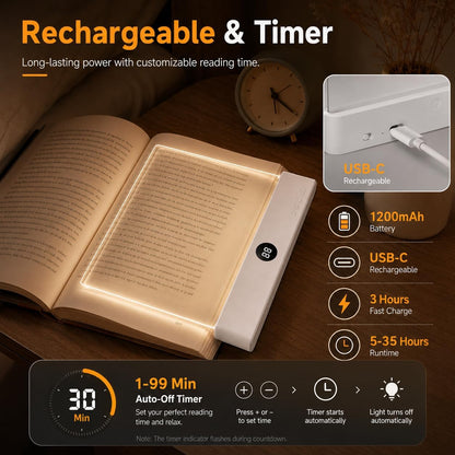 Book Light for Reading in Bed, Rechargeable LED Flat Book Light with Clear Full Page Panel, 3 Color Temperatures, Stepless Dimming, 1–99 Min Timer, 1200mAh USB-C Bookmark Light for Book Lovers(Pink)